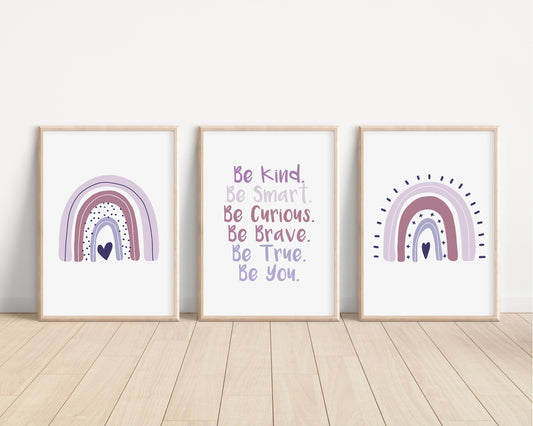 Boho Rainbow Set of 3 Nursery Art Prints, Girl Room Purple Nursery Wall Art, Affirmations, Play Room, Baby Room,Rainbow, Lavender 026