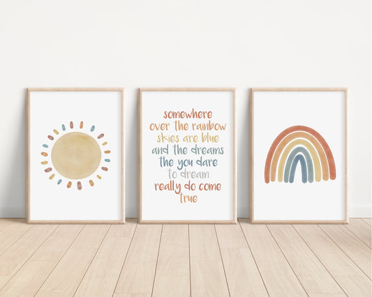 Boho Over the Rainbow, Sun Set of 3 Nursery Art Prints, Weather colorful Nursery Wall Art, Nursery Decor, Play Room, Baby Room Ideas, 007
