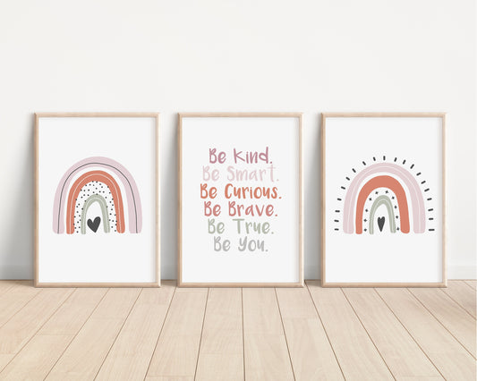 Boho Rainbow Set of 3 Nursery Art Prints, Girl Room Pink Nursery Wall Art, Affirmations, Play Room, Baby Room,Rainbow, Be True Be You, 026