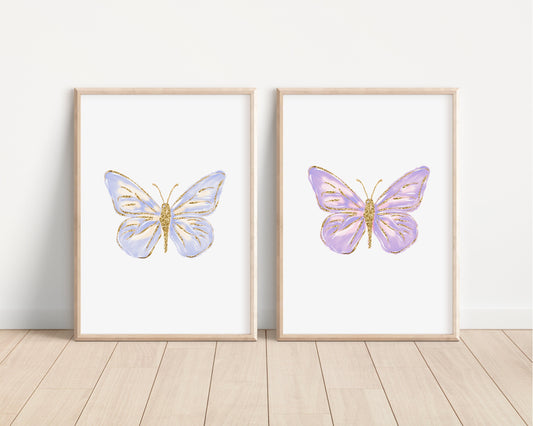 Purple Butterflies Set of 2 Nursery Art Prints,  Butterfly Wall Art, Glitter Nursery Decor, Play Room, Girl Baby Room Ideas, 032