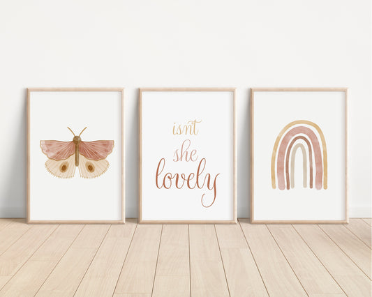 Boho Butterfly Rainbow, Isn't She Lovely, Set of 3 Nursery Art Prints, Butterfly Nursery Wall Art, Play Room, Girl Baby Room Ideas, 041