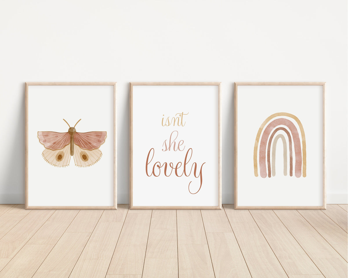 Boho Butterfly Rainbow, Isn't She Lovely, Set of 3 Nursery Art Prints, Butterfly Nursery Wall Art, Play Room, Girl Baby Room Ideas, 041