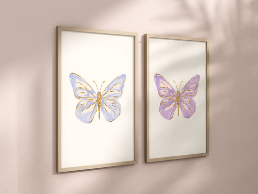 Purple Butterflies Set of 2 Nursery Art Prints,  Butterfly Wall Art, Glitter Nursery Decor, Play Room, Girl Baby Room Ideas, 032