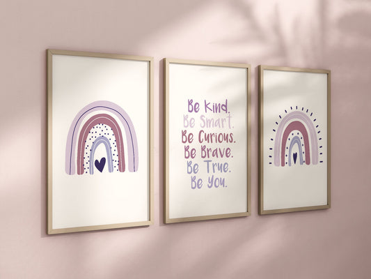 Boho Rainbow Set of 3 Nursery Art Prints, Girl Room Purple Nursery Wall Art, Affirmations, Play Room, Baby Room,Rainbow, Lavender 026