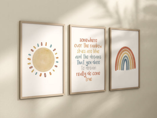 Boho Over the Rainbow, Sun Set of 3 Nursery Art Prints, Weather colorful Nursery Wall Art, Nursery Decor, Play Room, Baby Room Ideas, 007