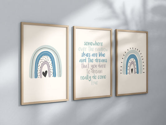 Boho Rainbow Set of 3 Nursery Art Prints, Blue Boy Colorful Nursery Wall Art, Nursery Decor, Play Room, Baby Room Ideas,Rainbow