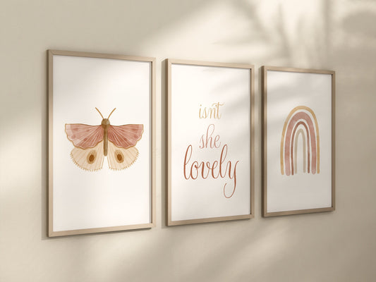 Boho Butterfly Rainbow, Isn't She Lovely, Set of 3 Nursery Art Prints, Butterfly Nursery Wall Art, Play Room, Girl Baby Room Ideas, 041