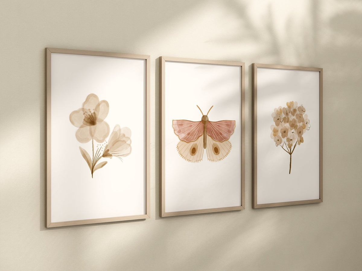 Boho Butterfly Floral Set of 3 Nursery Art Prints, Butterfly Nursery Wall Art, Neutral Nursery Decor, Play Room, Girl Baby Room Ideas, 008