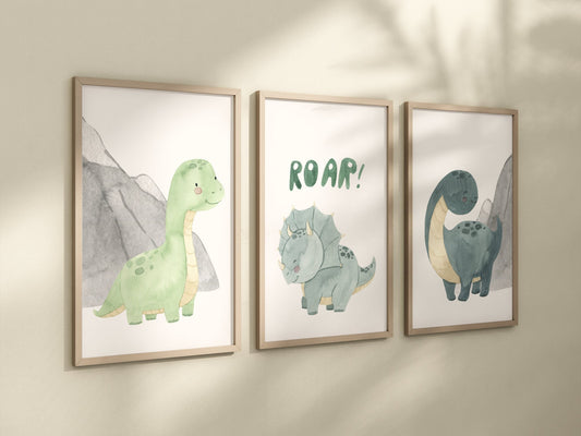Dinosaur Set of 3 Nursery Art Prints, Boy Nursery Wall Art Blue Green, Dino Nursery Decor, Play Room, Boy Baby Ideas, Kids room, roar,006