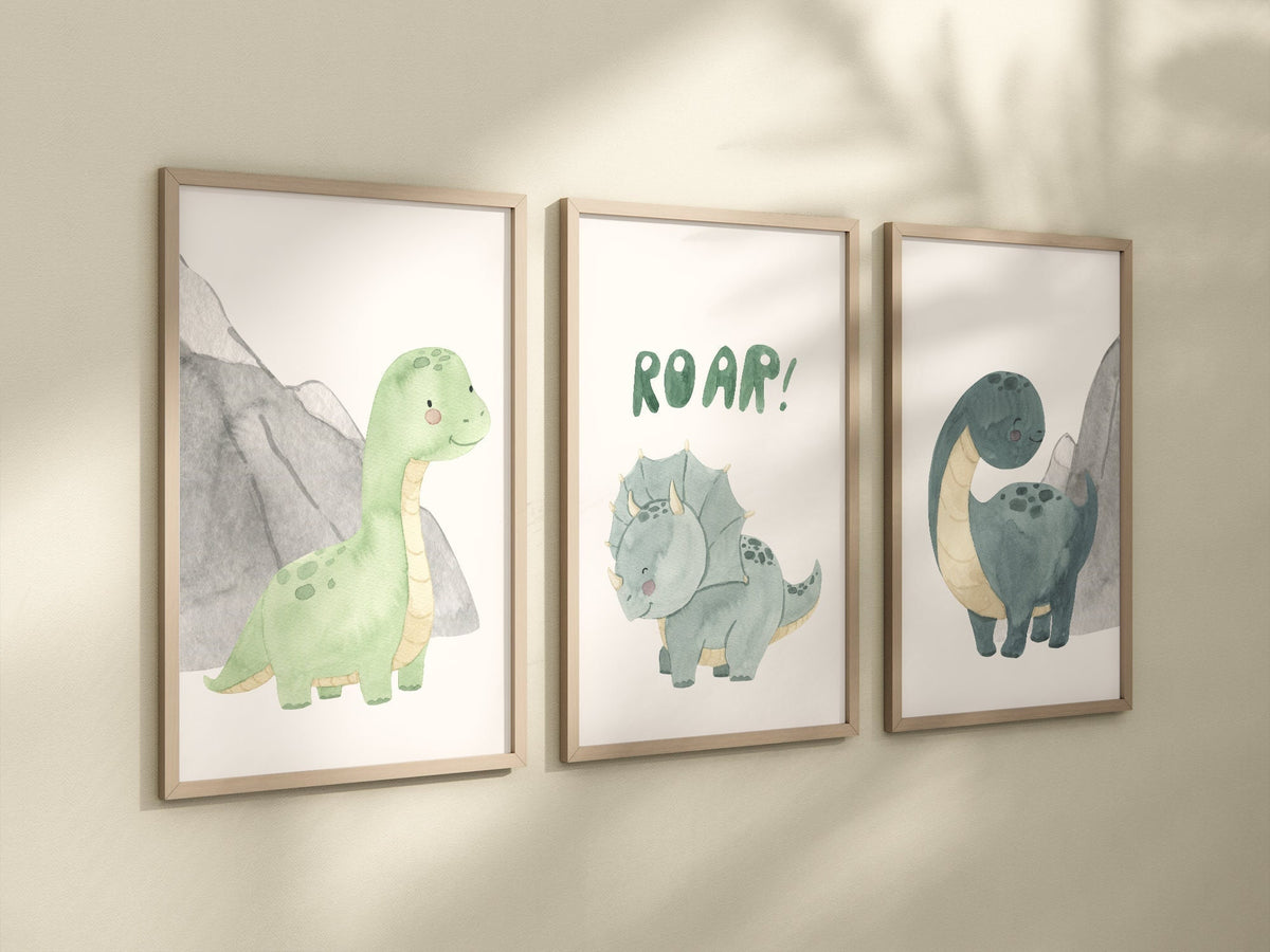 Dinosaur Set of 3 Nursery Art Prints, Boy Nursery Wall Art Blue Green, Dino Nursery Decor, Play Room, Boy Baby Ideas, Kids room, roar,006