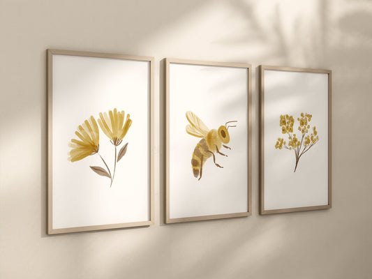 Boho Floral Bee Art Prints, Yellow Nursery Wall Art, Nursery Decor, Play Room, Baby Room Ideas, Set of 3