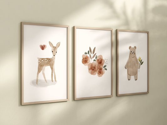 Boho Woodland Floral Animal Set of 3 Nursery Art Prints, Floral Nursery Wall Art, Neutral Nursery Decor, Play Room, Girl Baby Room Ideas,002