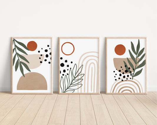 Boho Abstract Wall Art Prints, Boho Wall Decor Set of 3 Art Prints, Minimalist Wall Art, Beige, Green Terracotta, 046