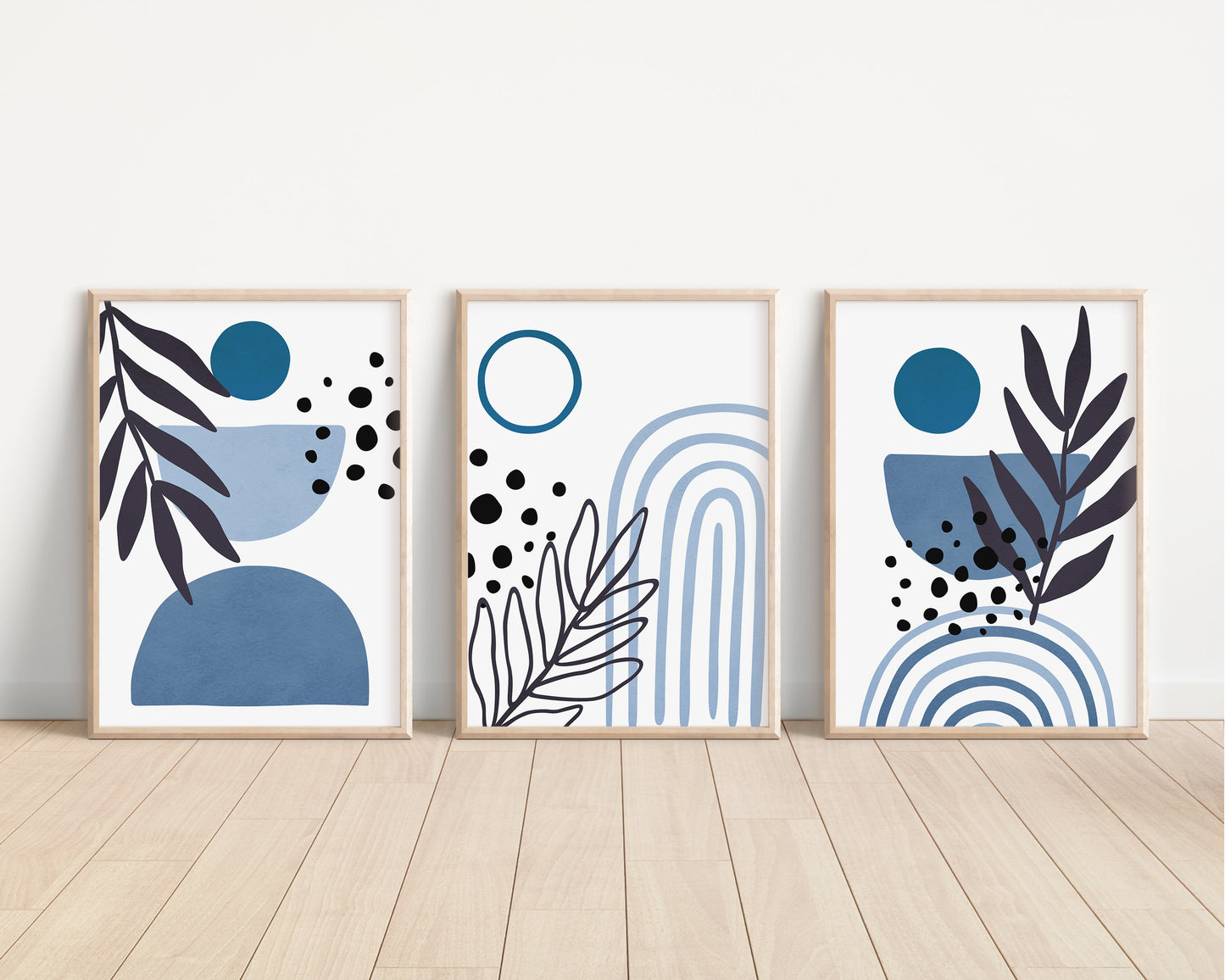 Set of 3 Boho Abstract Wall Navy Blue Art Prints, Greenery Boho Wall Decor Set of 3 Art Prints, Minimalist Wall Art, 052