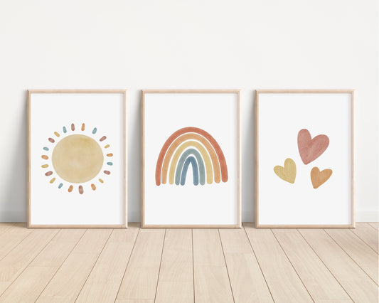 Set of 3 Prints Rainbow Nursery Decor, Boho, Sunshine Print Hearts Wall Art Nursery Art Watercolor Girls Kids Baby Room, Printed, 054