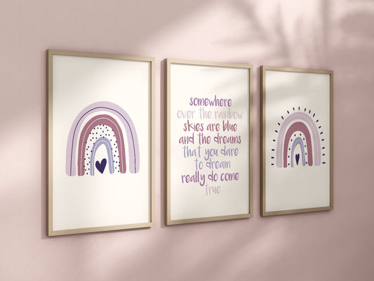 Boho Rainbow Set of 3 Nursery Art Prints, Girl Purple Nursery Wall Art, Nursery Decor, Play Room, Baby Room Ideas,Rainbow, Lavender