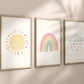 Pastel Rainbow Sun Cloud Set of 3 Nursery Art Prints, Weather colorful Nursery Wall Art, Nursery Decor, Play Room, Baby Room Ideas, 039
