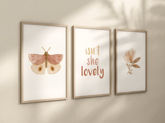 Boho Butterfly Rainbow, Isn't She Lovely, Set of 3 Nursery Art Prints, Butterfly Nursery Wall Art, Play Room, Girl Baby Room Ideas, 040