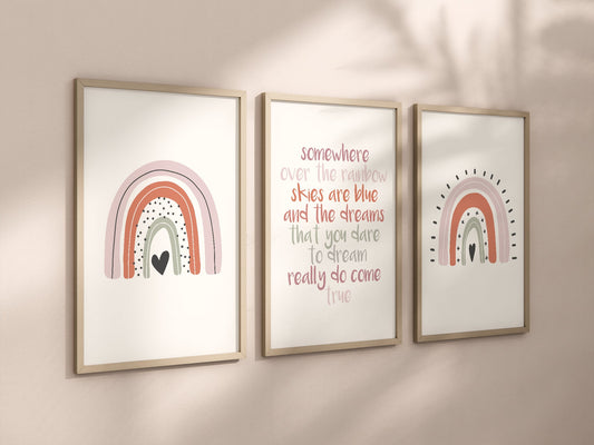 Boho Rainbow Set of 3 Nursery Art Prints, Girl colorful Nursery Wall Art, Nursery Decor, Play Room, Baby Room Ideas,Rainbow, Pink