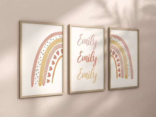 Custom Boho Rainbow Set of 3 Nursery Art Prints, Rainbow Nursery Wall Art, Personalized, Neutral Nursery Decor, Play Room, Girl Baby, 015