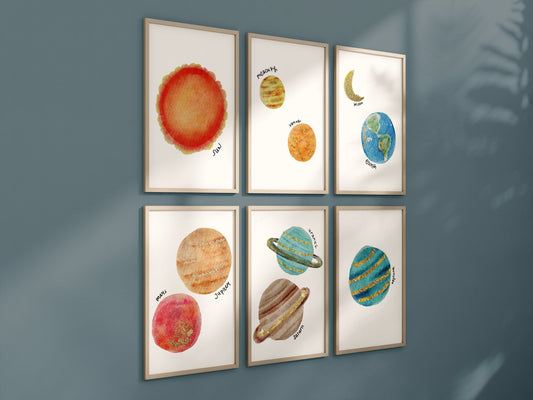 Planet Set of 6 Nursery Art Prints, Planets Wall Art, Solar System Nursery Decor, Play Room, Outer Space Baby Room Ideas