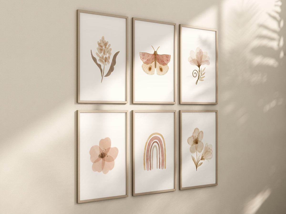 Boho Butterfly Floral Set of 6 Nursery Art Prints, Rainbow Nursery Wall Art, Neutral Nursery Decor, Play Room, Girl Baby Room Ideas