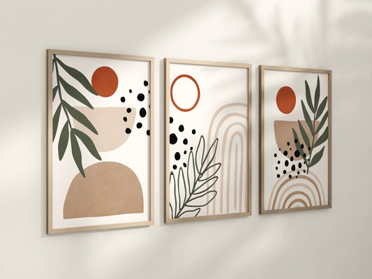 Boho Abstract Wall Art Prints, Boho Wall Decor Set of 3 Art Prints, Minimalist Wall Art, Beige, Green Terracotta, 046