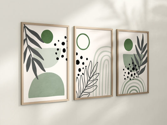 Set of 3 Boho Abstract Wall Sage Green Art Prints, Emerald Green, Greenery Boho Wall Decor Set of 3 Art Prints, Minimalist Wall Art, 047