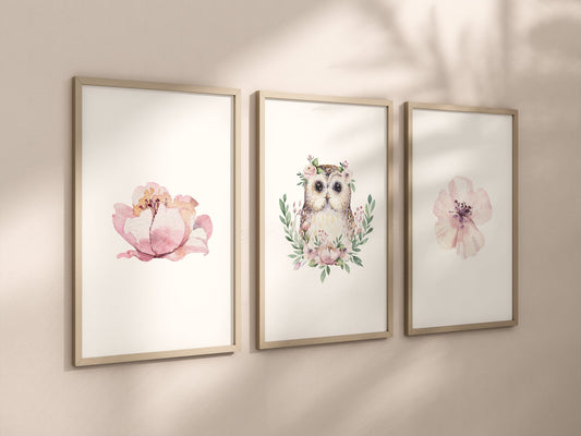Owl Pink Floral Set of 3 Nursery Art Prints, Girl Nursery Wall Art, Owl Nursery Decor, Play Room, Girl Baby Room Ideas, Kids room, 012