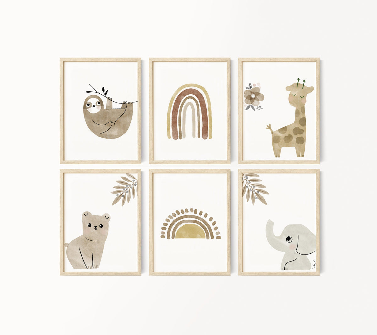 Boho Animal Set of 6 Nursery Art Prints, Bohemian Nursery Wall Art, Neutral Nursery Decor, Earthy Tone, Play Room, Girl Baby Room Ideas, 057