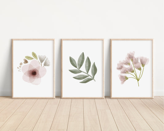 Set of 3 Blush Floral Nursery Prints, Watercolor wall art, Nursery Decor, Watercolor Flower print, Girl Nursery Decor, Pink, Greenery, 058
