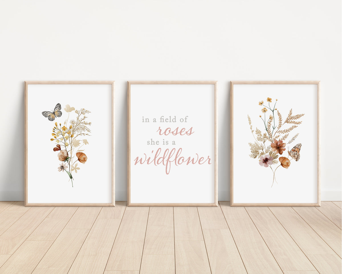 Set of 3 Boho Wildflowers Floral Art Prints, Leaf Art, Botanical Meadows, Bloom Bouquet, Nursery Decor, Play Room, Girl Baby Room Ideas 060