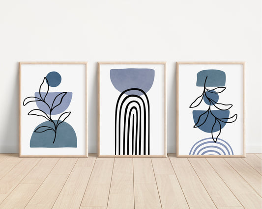 Set of 3 Boho Abstract Wall Art Prints, Navy Blue, Boho Wall Decor Set of 3 Art Prints, Leaf Geometric Art, Minimalist Wall Art, 051