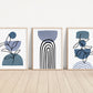 Set of 3 Boho Abstract Wall Art Prints, Navy Blue, Boho Wall Decor Set of 3 Art Prints, Leaf Geometric Art, Minimalist Wall Art, 051