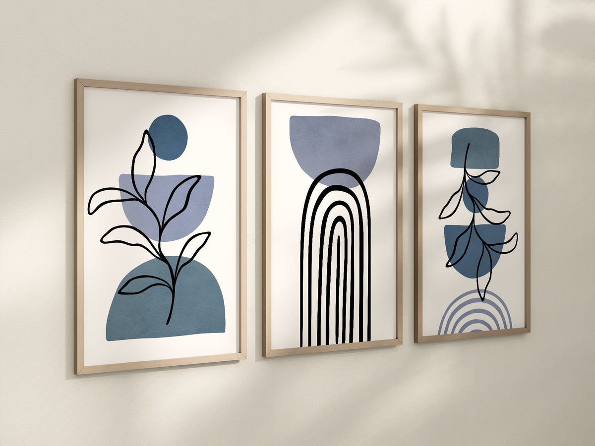 Set of 3 Boho Abstract Wall Art Prints, Navy Blue, Boho Wall Decor Set of 3 Art Prints, Leaf Geometric Art, Minimalist Wall Art, 051
