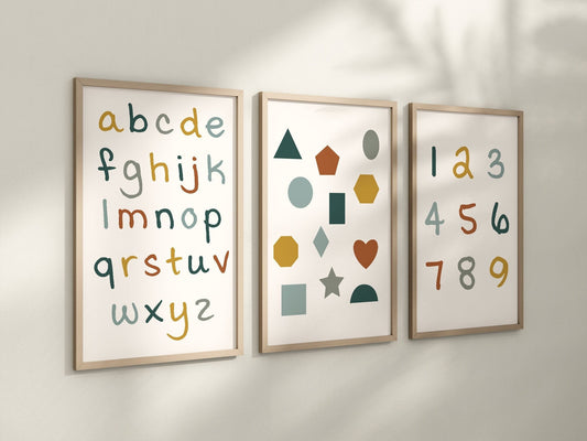 Set of 3 Alphabet and Shapes Nursery Art Prints, Education Wall Decor, Boys Nursery, Nursery Decor, Play Room, Baby Boy Room Ideas 062