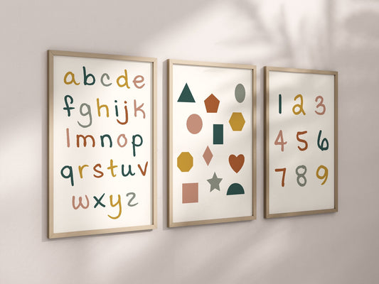 Set of 3 Alphabet and Shapes Nursery Art Prints, Education Wall Decor, Girl Nursery, Nursery Decor, Play Room, Baby Girl Room Decor 063