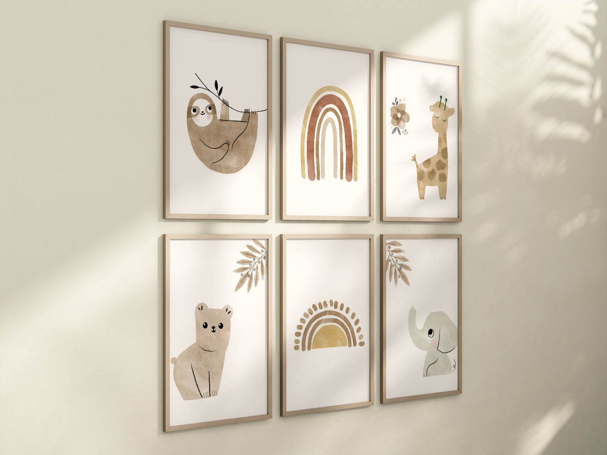 Boho Animal Set of 6 Nursery Art Prints, Bohemian Nursery Wall Art, Neutral Nursery Decor, Earthy Tone, Play Room, Girl Baby Room Ideas, 057