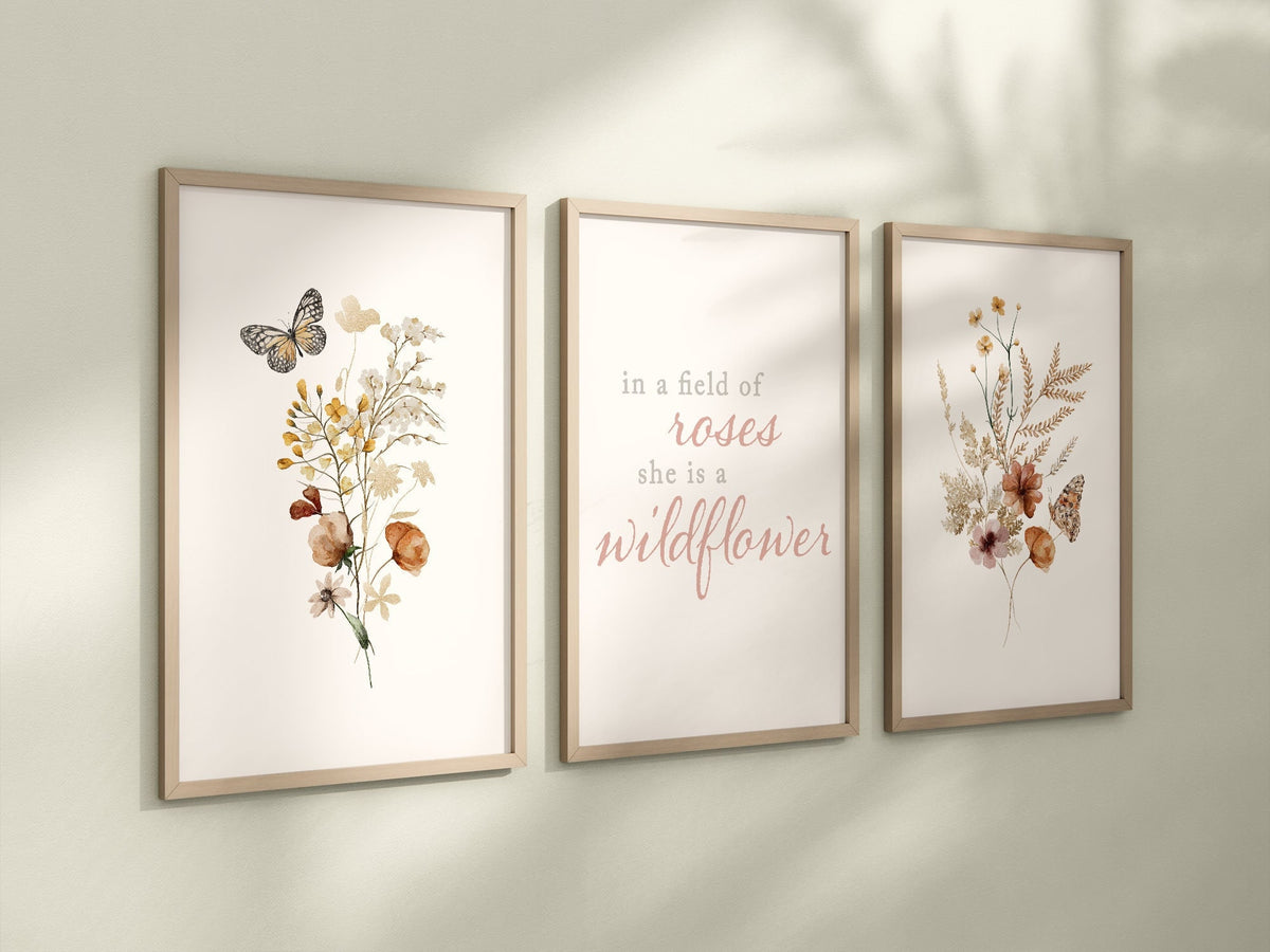 Set of 3 Boho Wildflowers Floral Art Prints, Leaf Art, Botanical Meadows, Bloom Bouquet, Nursery Decor, Play Room, Girl Baby Room Ideas 060
