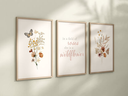 Set of 3 Boho Wildflowers Floral Art Prints, Leaf Art, Botanical Meadows, Bloom Bouquet, Nursery Decor, Play Room, Girl Baby Room Ideas 060