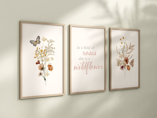 Set of 3 Boho Wildflowers Floral Art Prints, Leaf Art, Botanical Meadows, Bloom Bouquet, Nursery Decor, Play Room, Girl Baby Room Ideas 060