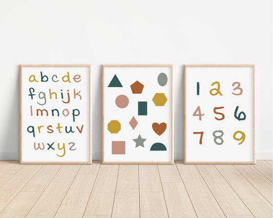 Set of 3 Alphabet and Shapes Nursery Art Prints, Education Wall Decor, Girl Nursery, Nursery Decor, Play Room, Baby Girl Room Decor 063