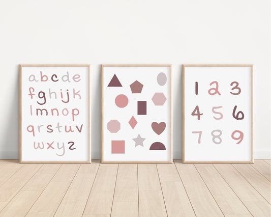 Set of 3 Pink Alphabet and Shapes Nursery Art Prints, Education Wall Decor, Girls Nursery, Nursery Decor, Baby Girl Play Room Ideas 066