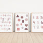 Set of 3 Pink Alphabet and Shapes Nursery Art Prints, Education Wall Decor, Girls Nursery, Nursery Decor, Baby Girl Play Room Ideas 066