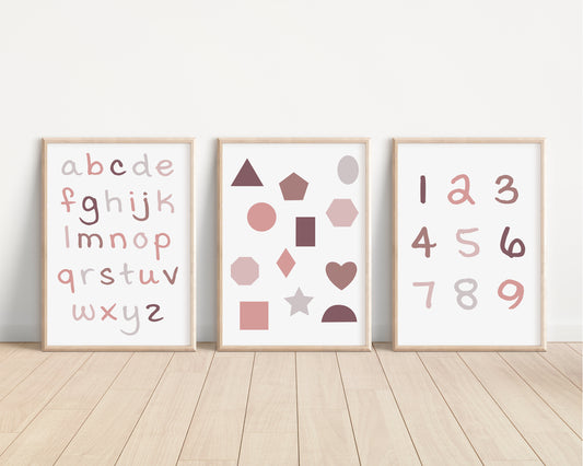 Set of 3 Pink Alphabet and Shapes Nursery Art Prints, Education Wall Decor, Girls Nursery, Nursery Decor, Baby Girl Play Room Ideas 066