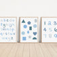 Set of 3 Blue Alphabet and Shapes Nursery Art Prints, Education Wall Decor, Boys Nursery, Nursery Decor, Baby Boy Play Room Ideas