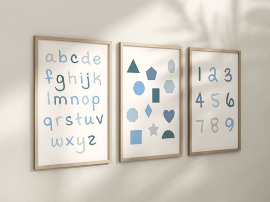 Set of 3 Blue Alphabet and Shapes Nursery Art Prints, Education Wall Decor, Boys Nursery, Nursery Decor, Baby Boy Play Room Ideas 067