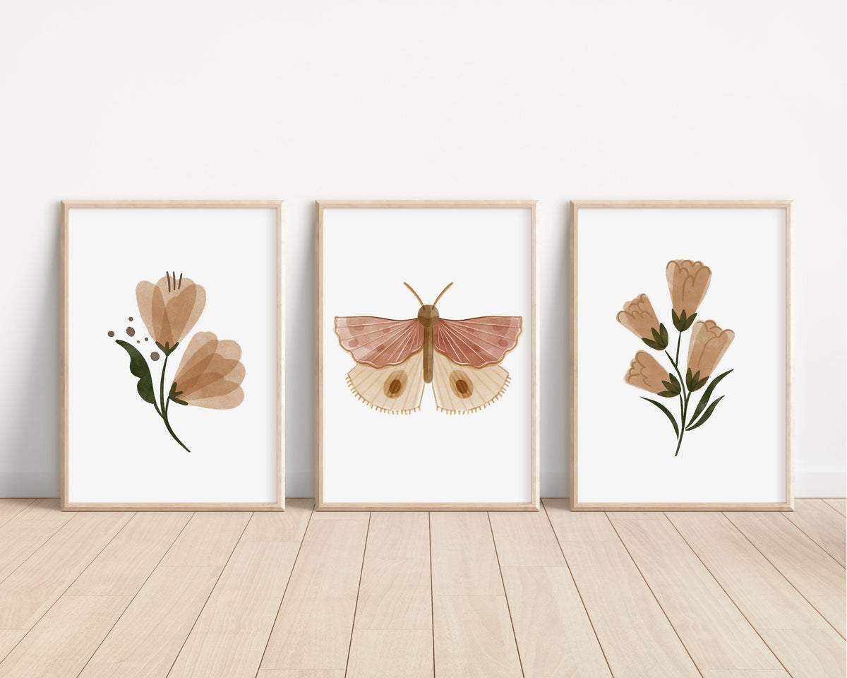 Boho Butterfly Floral Set of 3 Nursery Art Prints, Butterfly Nursery Wall Art, Neutral Nursery Decor, Play Room, Girl Baby Room Ideas, 073