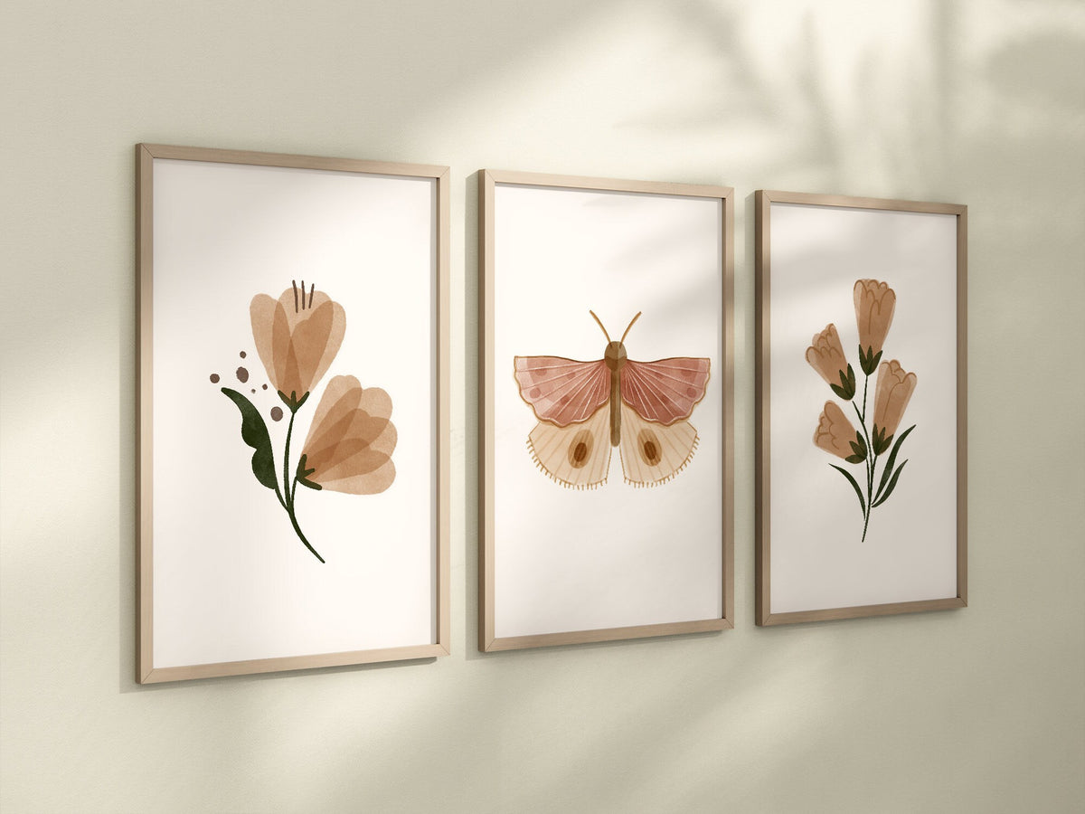 Boho Butterfly Floral Set of 3 Nursery Art Prints, Butterfly Nursery Wall Art, Neutral Nursery Decor, Play Room, Girl Baby Room Ideas, 073