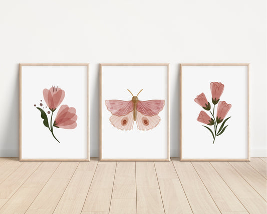 Boho Butterfly Floral Set of 3 Nursery Art Prints, Butterfly Nursery Wall Art, Pink Nursery Decor, Play Room, Girl Baby Room Ideas, 072